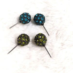 Vintage Sparkly Rhinestone Stud Earrings (2) Pair Green and Teal